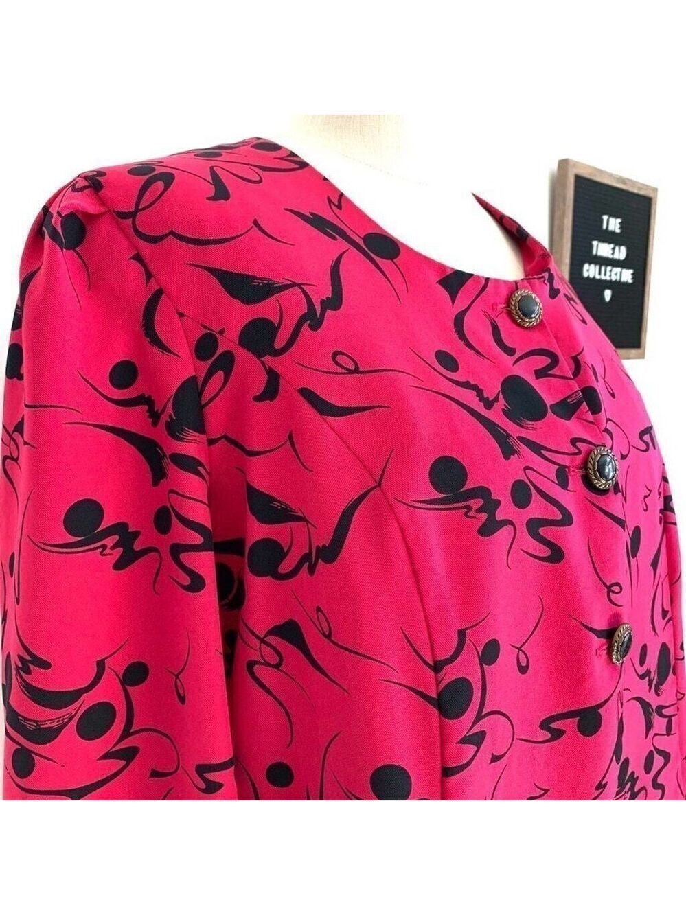 Vintage Chelsea Hot Pink Black Abstract Print Rayon Blouse Top Size 14 80s 90s - Picture 4 of 7